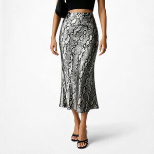 Vintage Gray Satin Animal Snake Print Flowy High Waisted Midi Skirt Size 2/XS